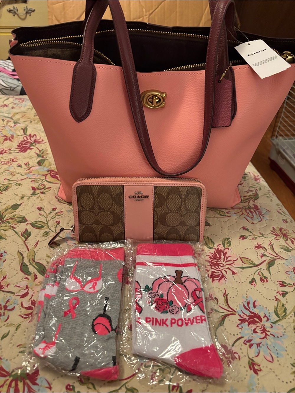 COACH BUNDLE:  Coach Pink Pebble Leather Willow Tote with Signature Zip Wallet.